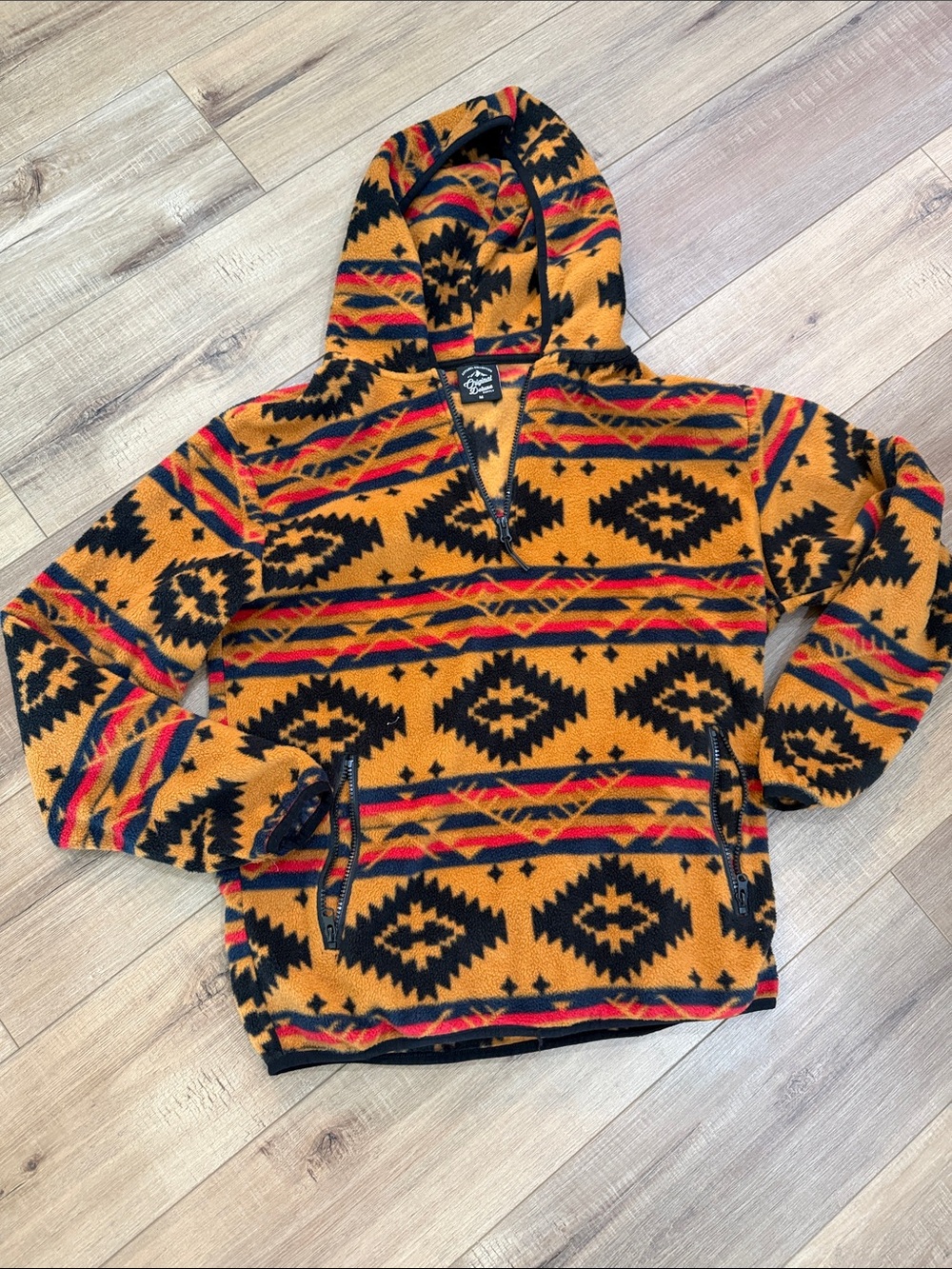 Original Deluxe Men's Aztec Zip-Up Hooded Fleece - Mustard, Black & Red